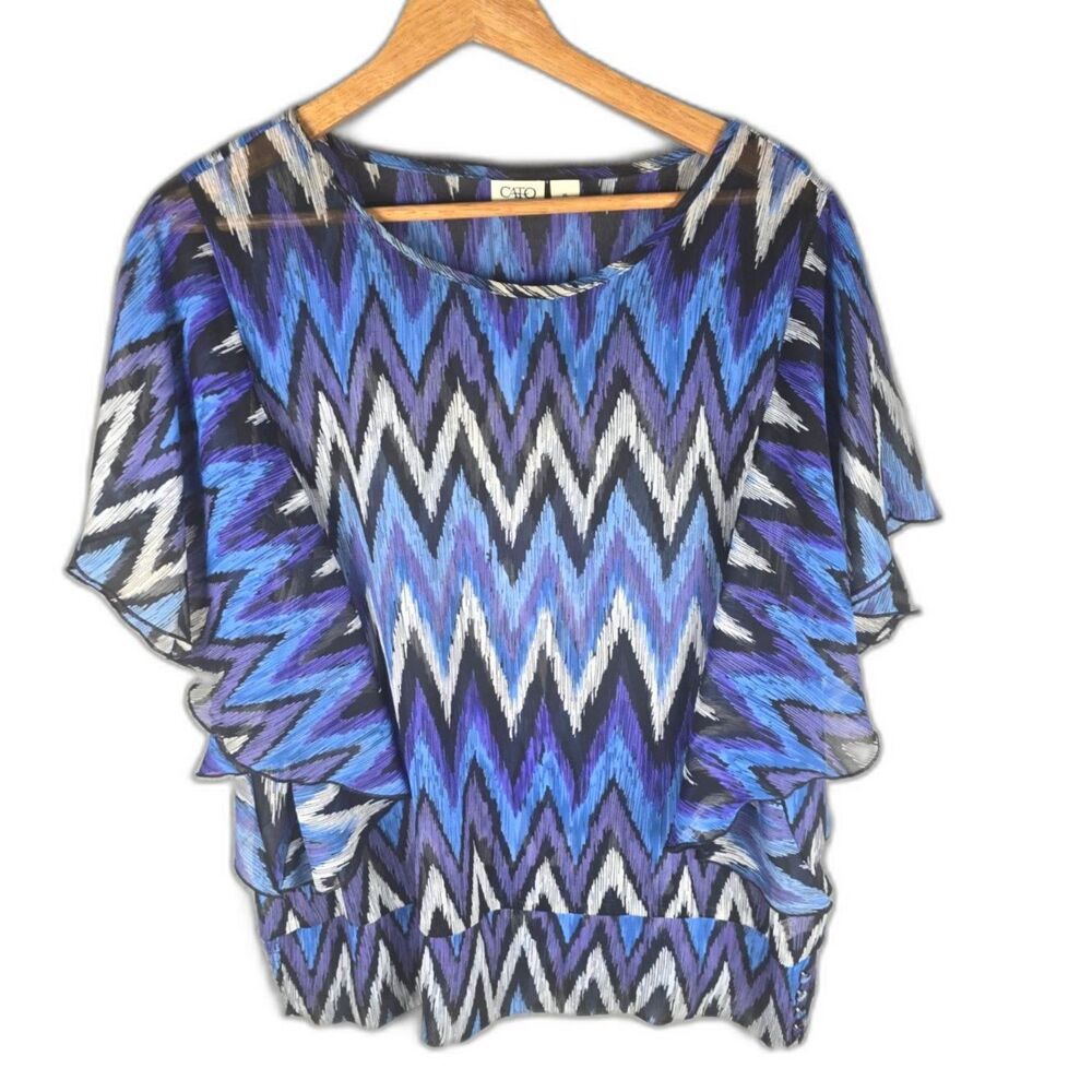 Cato Blouse Blue Purple XL Chevron Flutter Sleeve Blouson Banded Hem